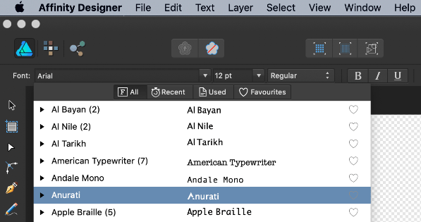 affinity anurati font dropdown