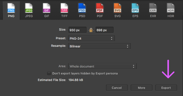 affinity designer export dialog