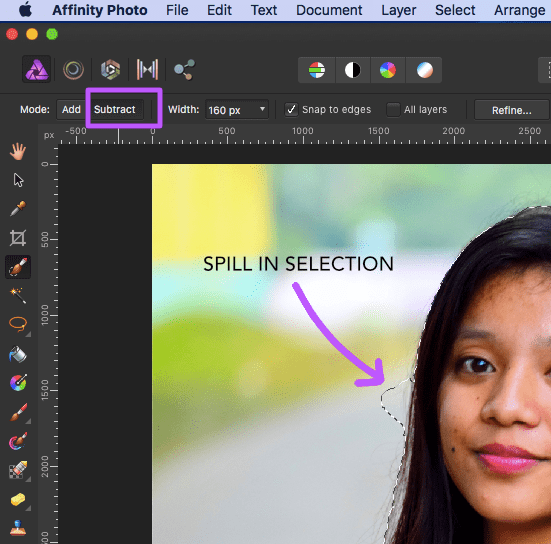affinity photo selection brush tool selection subtract