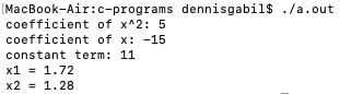 c program quadratic equations real unequal roots